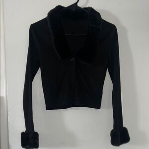 Black Faux Fur Trim Women's crop sweater